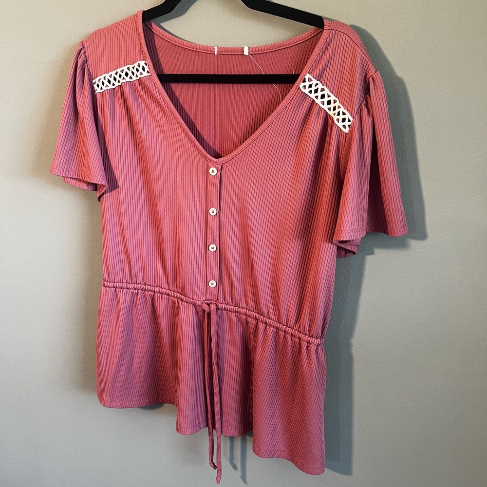 Maurice’s Pink Solid Button Front Peplum Top - Size Large - Picture 3 of 10